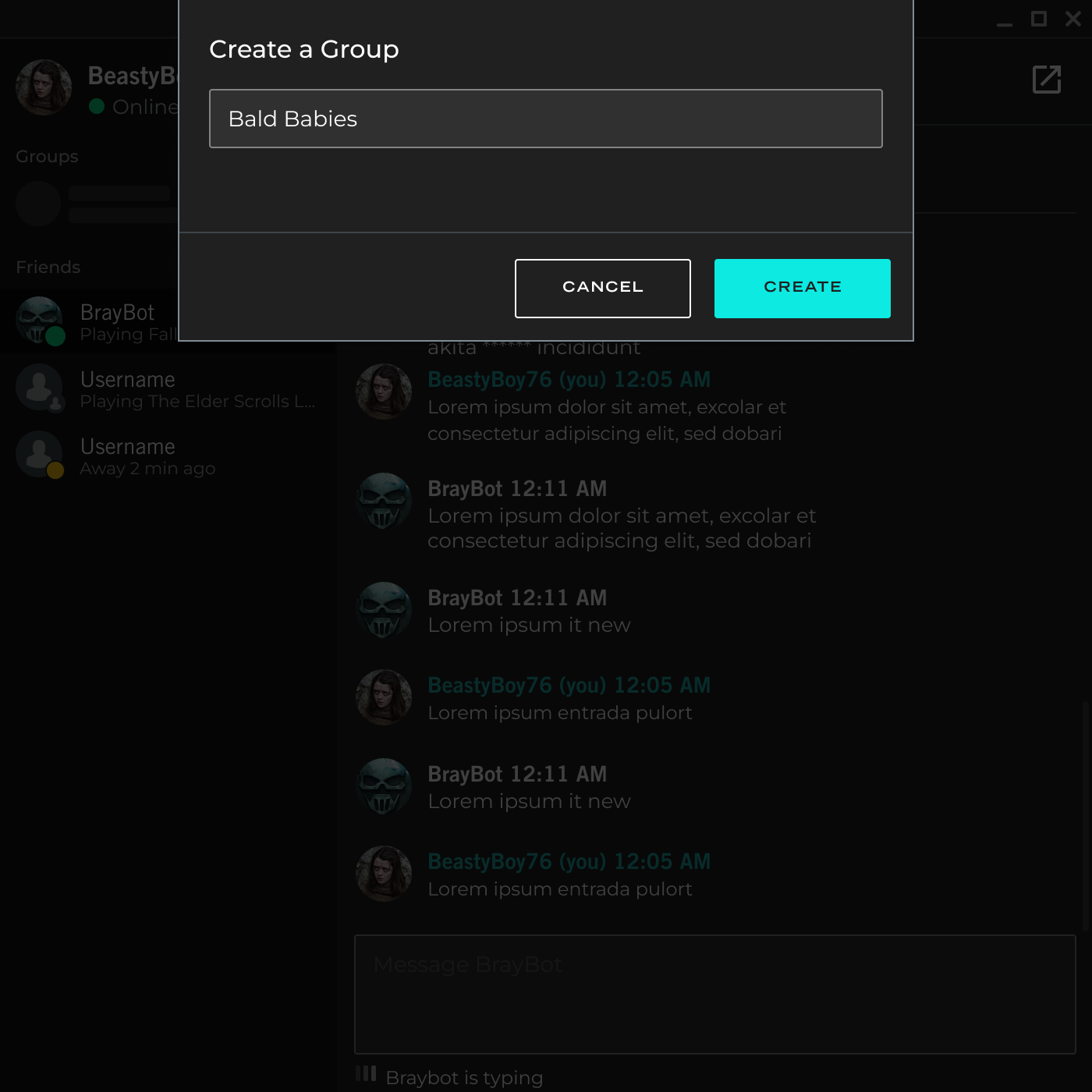 Bethesda create group modal with a group name entered