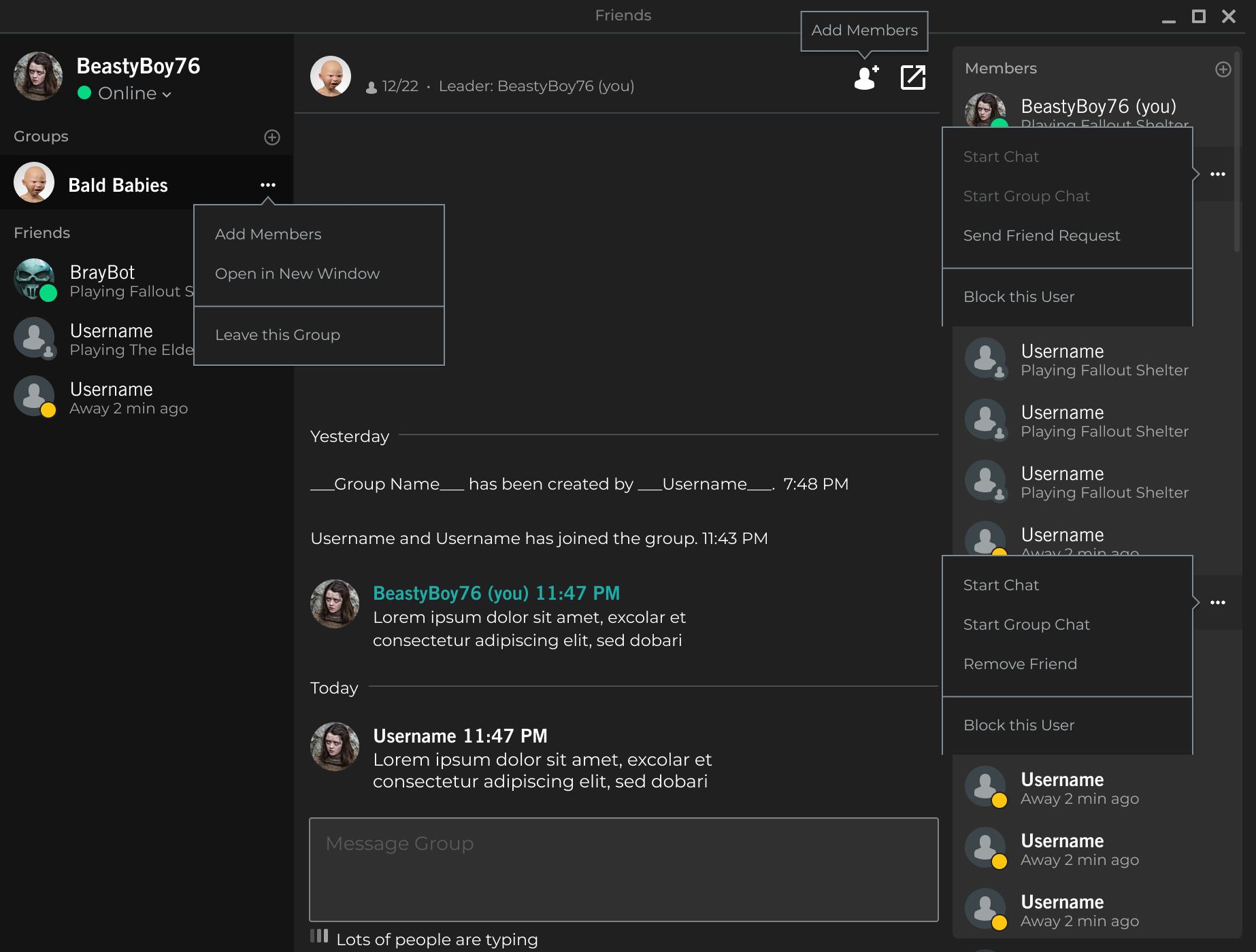 Bethesda group interface showing all states