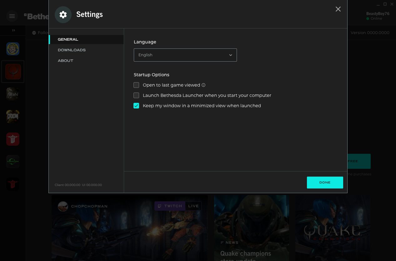 Bethesda launcher settings modal