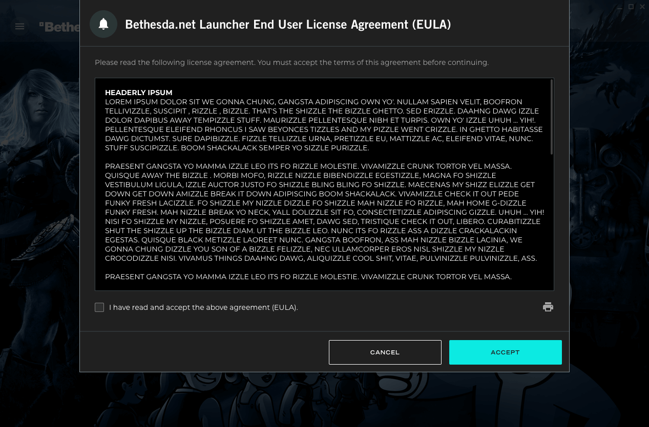 Bethesda launcher EULA modal