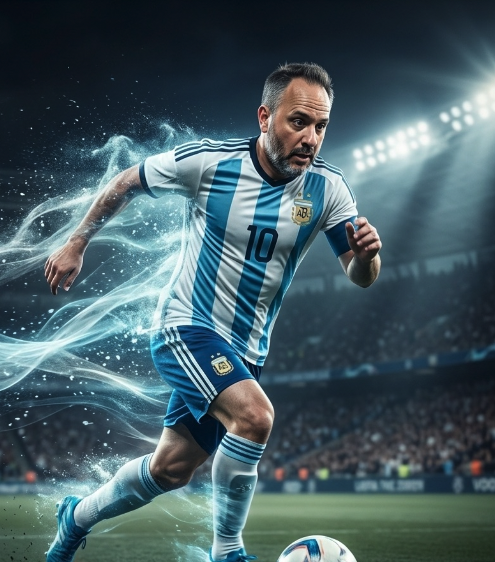 Soccer player in an Argentina jersey running on a stadium field