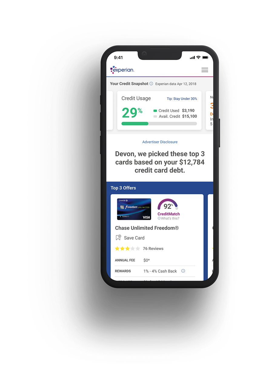 Experian credit card marketplace mobile interface