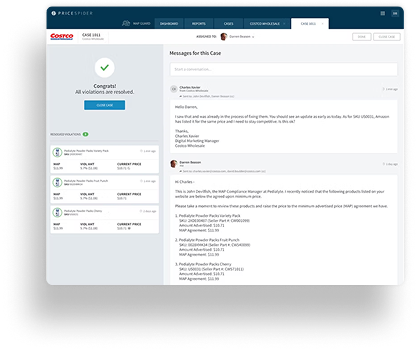 PriceSpider case message screen