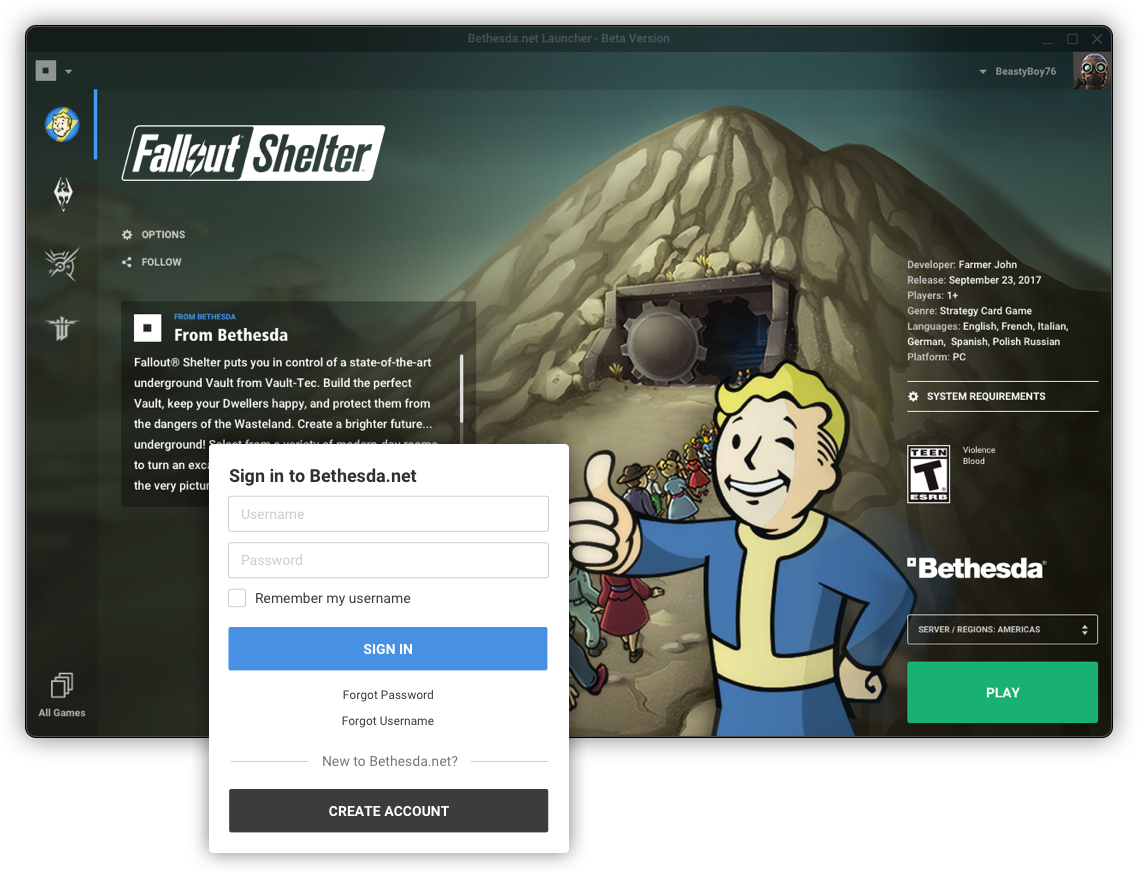 Previous Bethesda launcher account and game screen