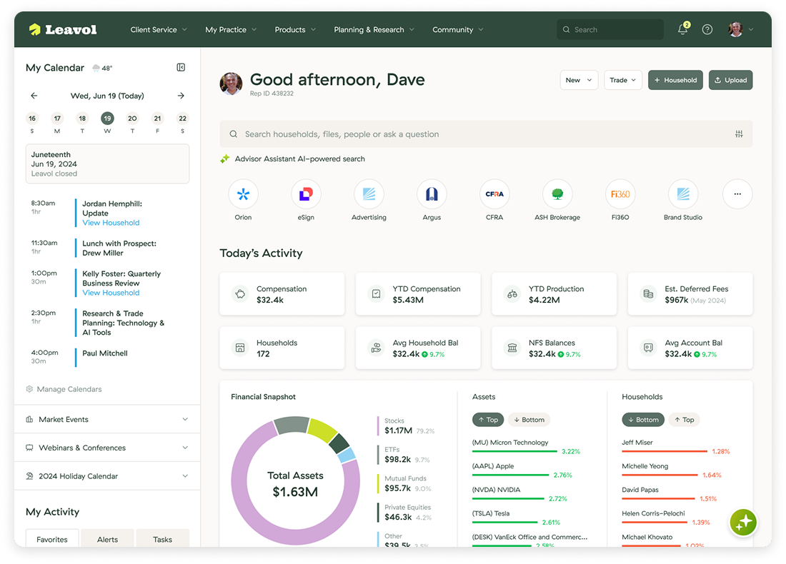 Financial services dashboard interface